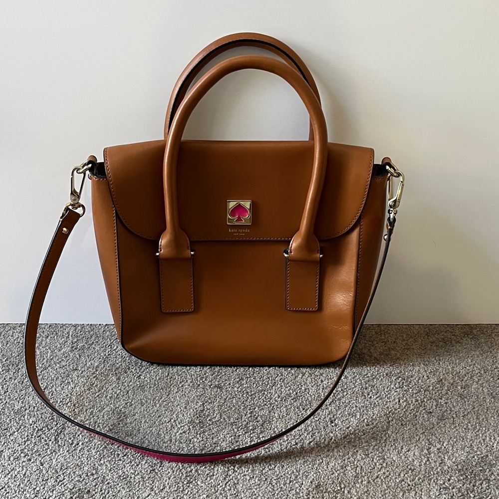 kate spade Brown Leather Satchel with Pink Accent Logo